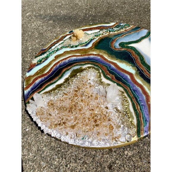 Geode Abstract Resin Art Piece | 24" Round | Yellow Calcite Crystals and Quartz - Picture 6 of 12